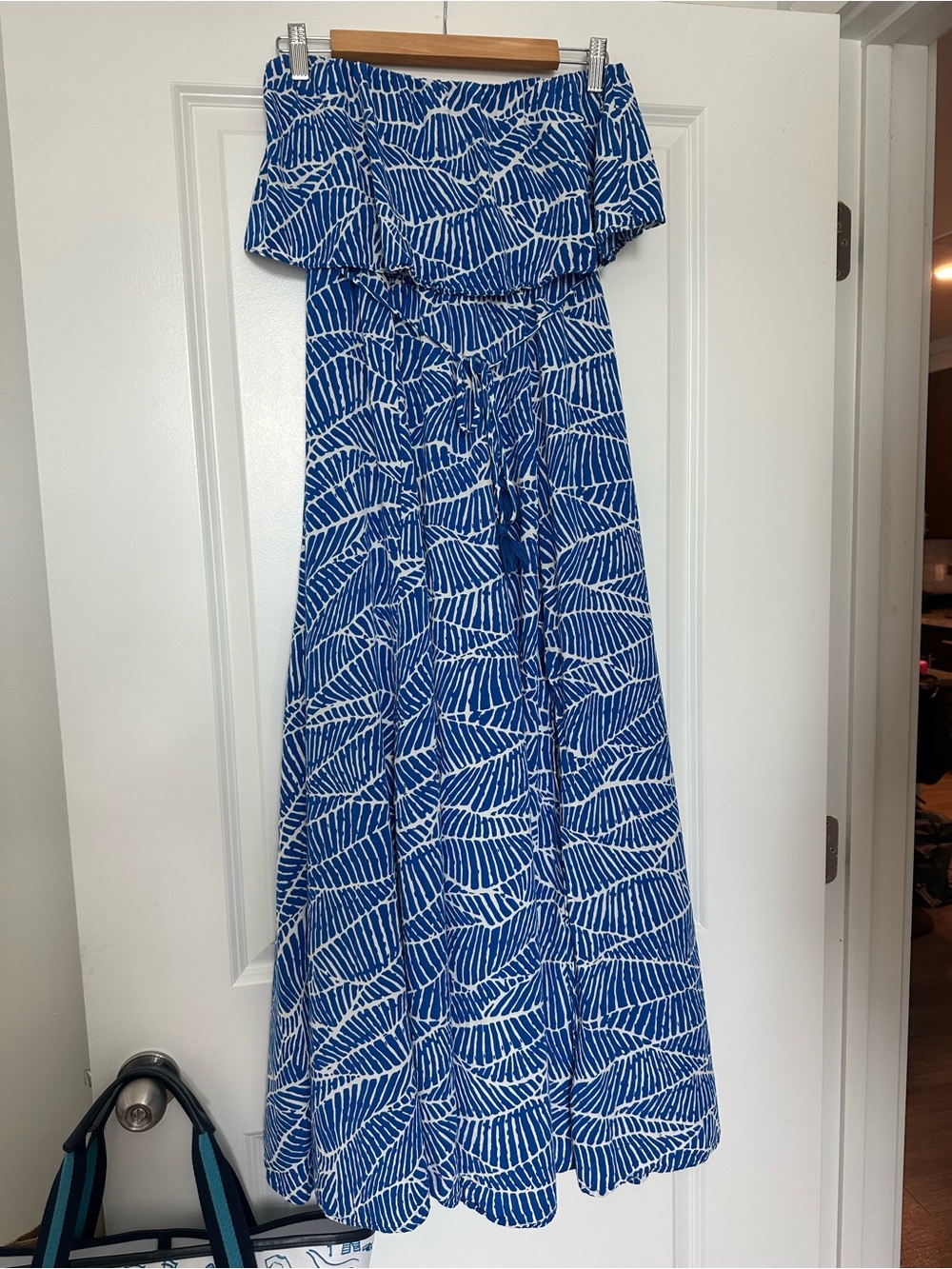 Vici Blue and White Off-Shoulder Maxi Dress